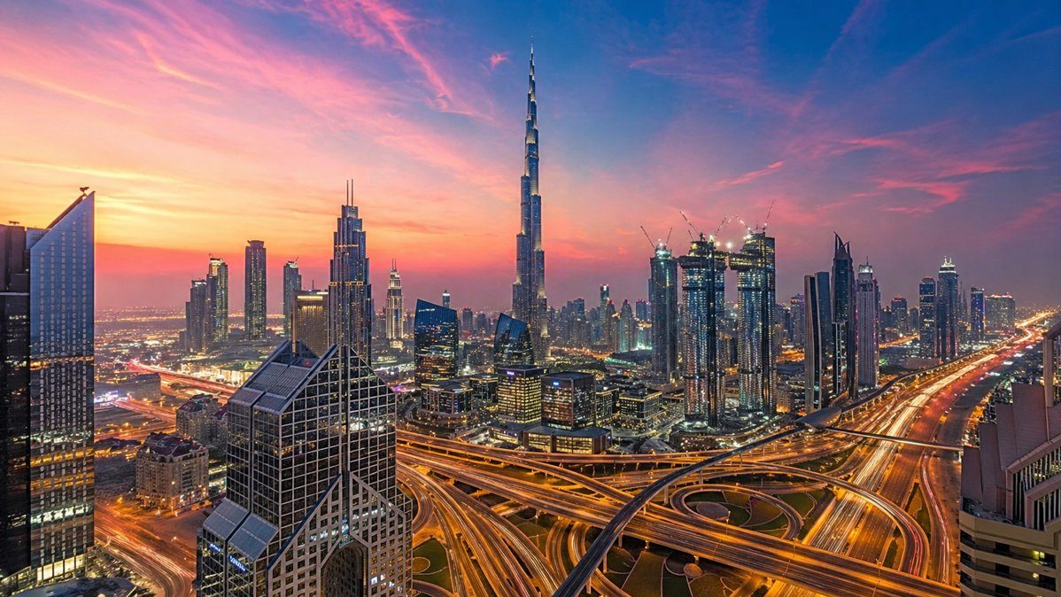 Dubai skyline at sunset with modern skyscrapers and city lights