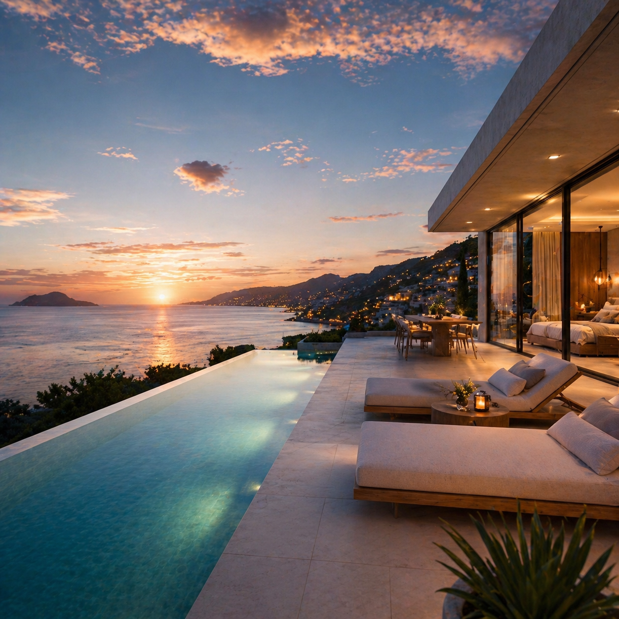 Luxury modern villa with infinity pool overlooking ocean at sunset