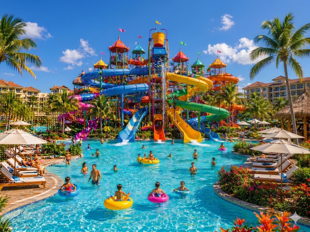 family tropical waterpark resort with slides and pools