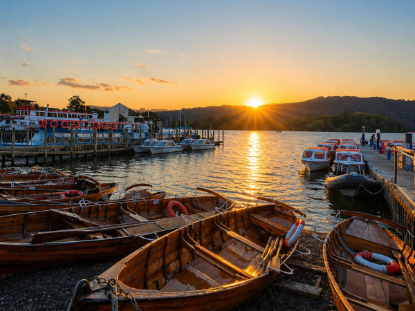 Sunset over Lake Windermere with traditional wooden boats in the lake